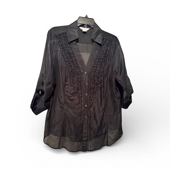 White House Black Market Tops - White House Black Market Black Button Down  sheer Shirt with ruffle detail